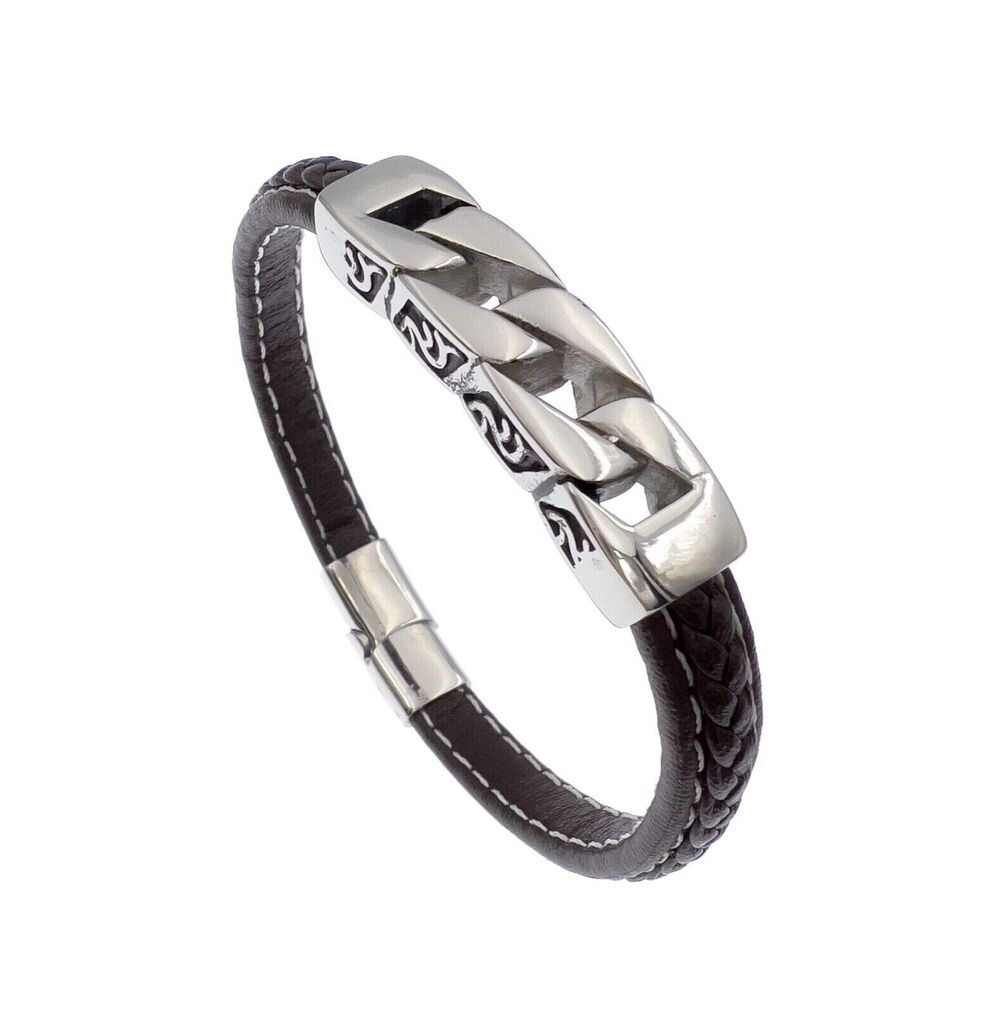 Stainless Steel Cuban Link Brown Leather Bracelet Mens 8.5in 8mm